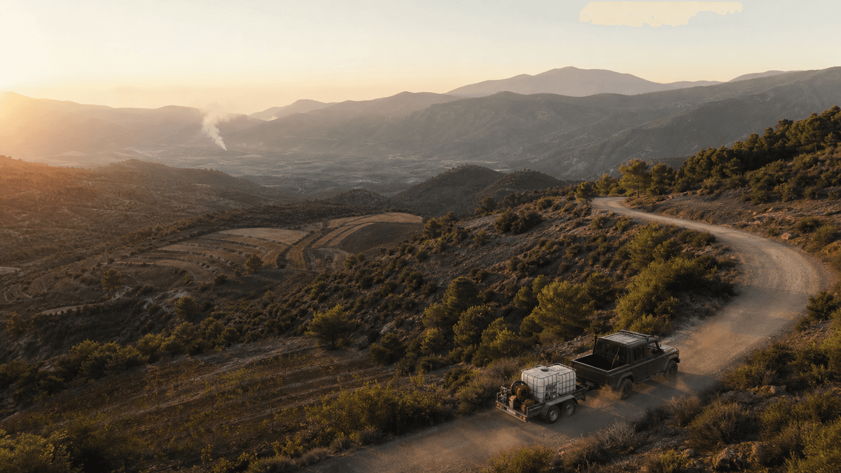 Montañas españolas al amanecer con un vehículo RuralFire