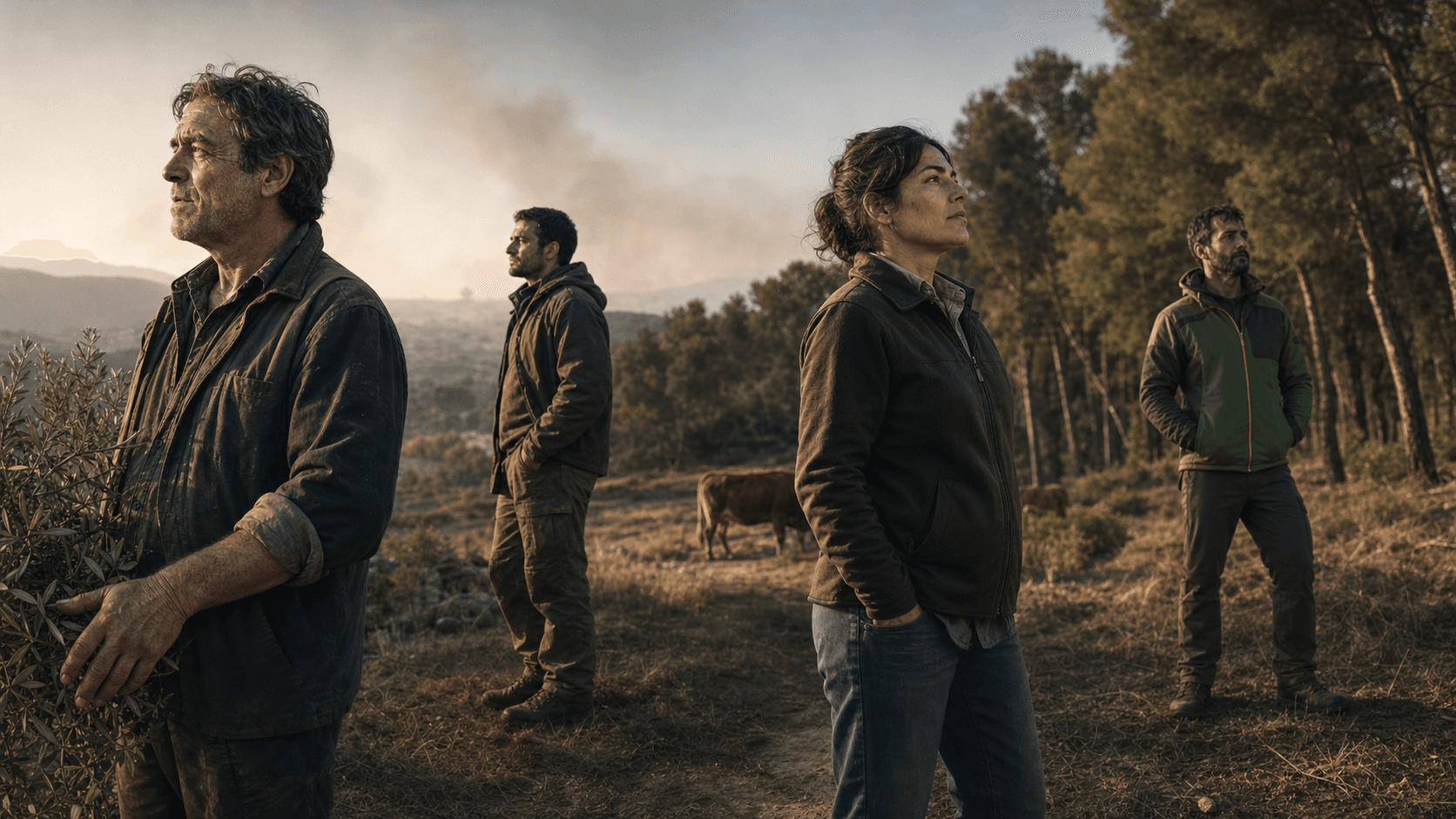 Personas del mundo rural mirando hacia el horizonte