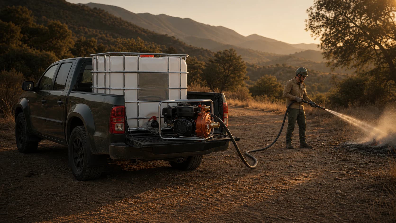 Pickup rural con depósito ECOFIRE de 1000 litros, motobomba y operario utilizando una manguera